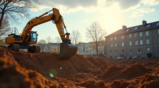Chantier de construction sur terrain contaminé avec équipement d'excavation au Québec