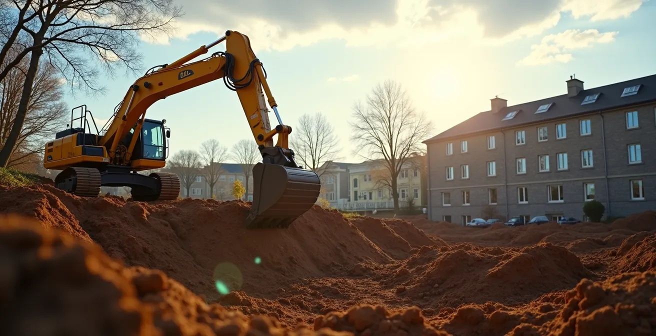 Chantier de construction sur terrain contaminé avec équipement d'excavation au Québec