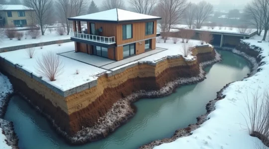 Vue aérienne d'une maison québécoise avec terrain montrant système de drainage visible, cycles de gel-dégel et infiltration d'eau autour des fondations