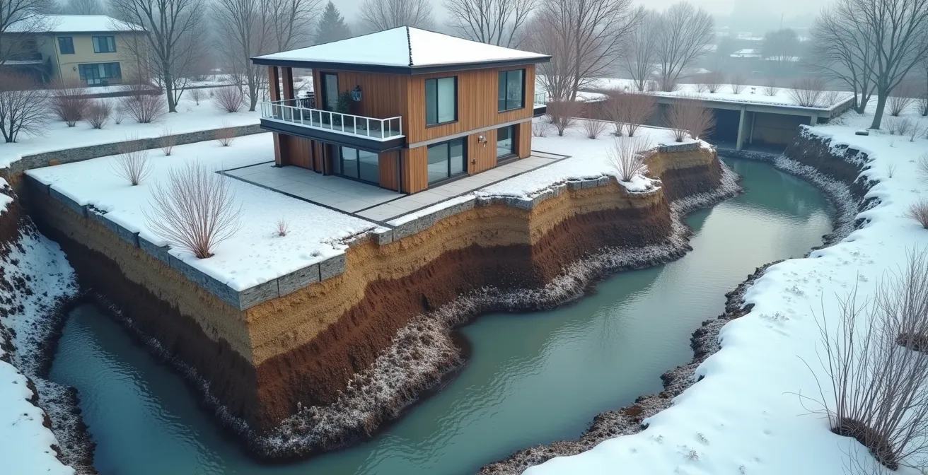 Vue aérienne d'une maison québécoise avec terrain montrant système de drainage visible, cycles de gel-dégel et infiltration d'eau autour des fondations