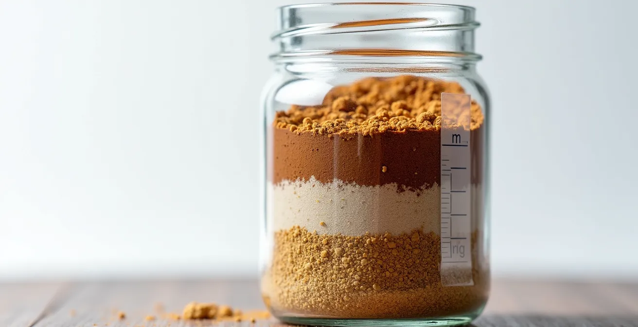 Gros plan d'un bocal en verre transparent montrant trois couches de sol stratifiées : sable au fond, limon au milieu, argile sur le dessus, avec graduations visibles sur le côté pour mesure