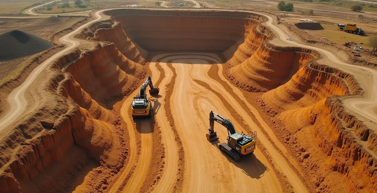 Vue aérienne stylisée d'un terrain de construction montrant les contours topographiques et les zones de déblai et de remblai.