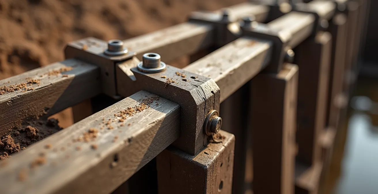 Schéma technique en coupe d'un blindage de tranchée adéquat, montrant les mesures de sécurité pour les travaux d'excavation.