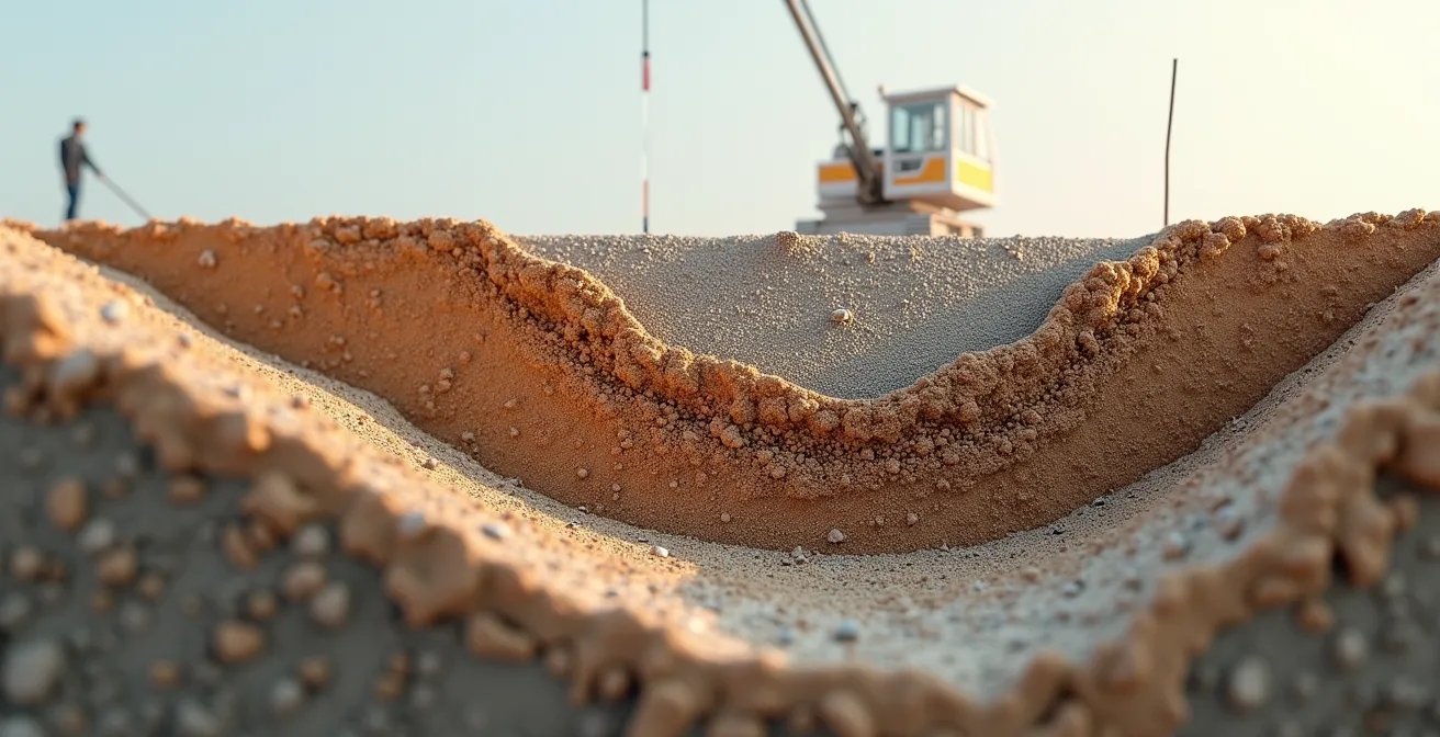 Coupe transversale comparant trois systèmes de fondations différents (semelles, radier, pieux) imbriqués dans les couches de sol argileux du Québec avec profondeur du roc indiquée