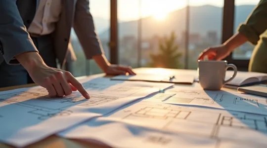Photo éditoriale d'un architecte et d'un propriétaire examinant les plans de construction d'une maison de rêve, bureaux modernes avec vue sur paysage urbain québécois, lumière naturelle douce.