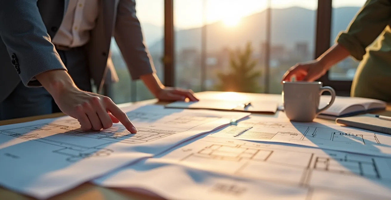 Photo éditoriale d'un architecte et d'un propriétaire examinant les plans de construction d'une maison de rêve, bureaux modernes avec vue sur paysage urbain québécois, lumière naturelle douce.