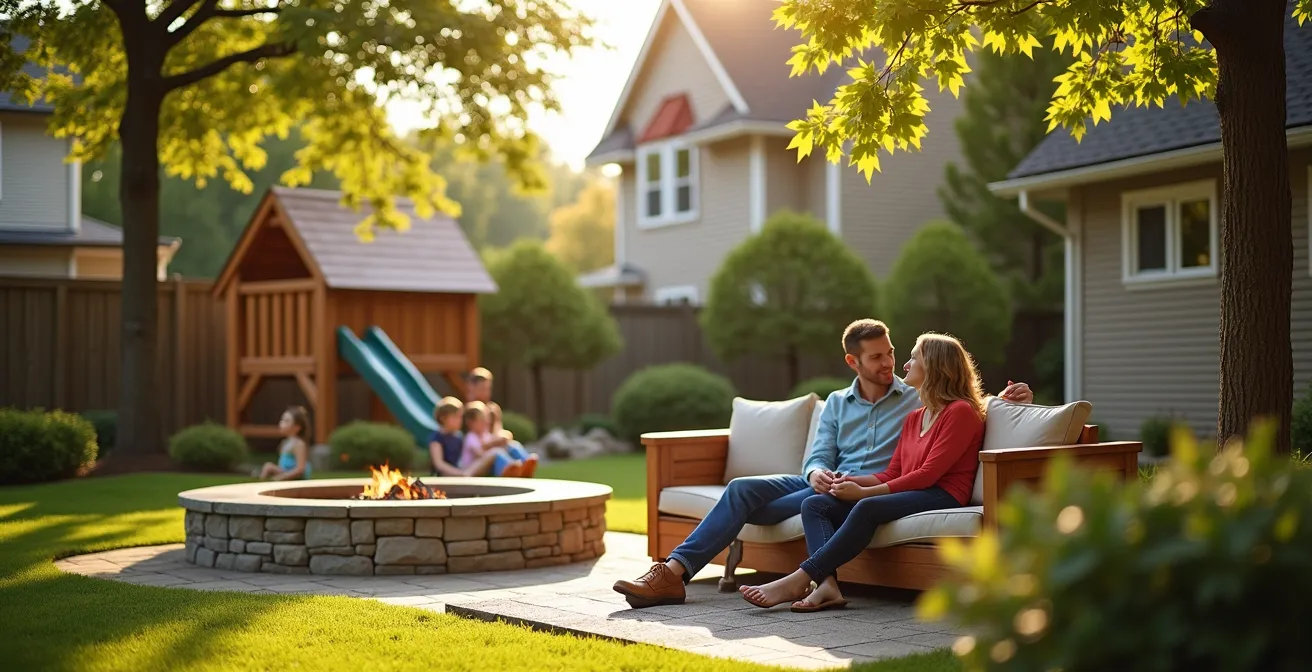 Aménagement paysager familial avec zone de jeu et espace détente parents sur la Rive-Sud