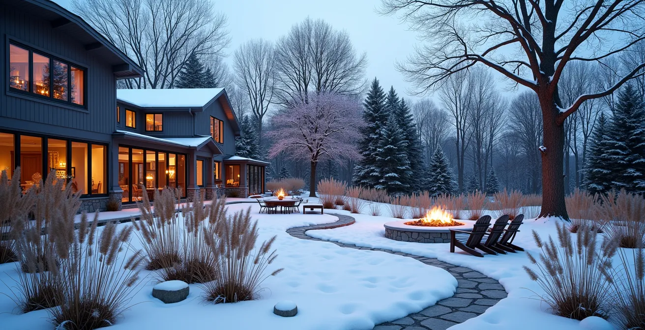 Terrasse en pierre naturelle québécoise avec vue sur un jardin d'hiver structuré par des conifères et graminées