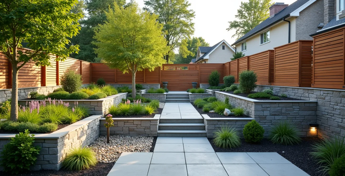 Aménagement en terrasses avec murets de pierre naturelle sur terrain en pente