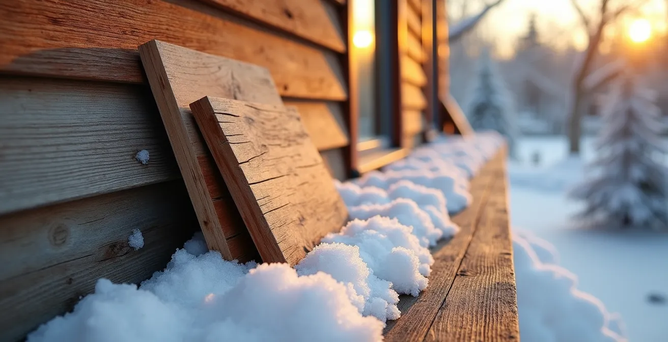 Comparaison côte à côte d'échantillons de bardage en bois avant et après exposition hivernale au Québec, montrant le vieillissement naturel.
