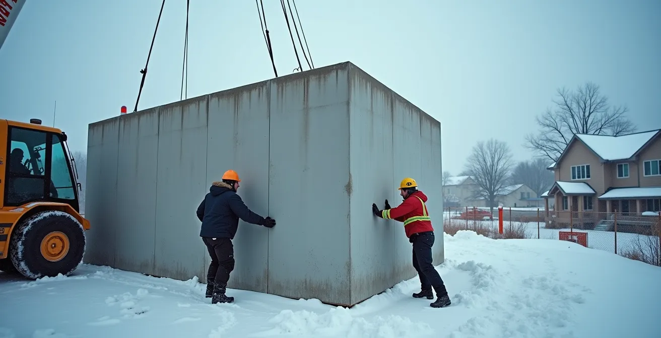 Installation d'éléments préfabriqués en béton sur un chantier québécois en conditions hivernales