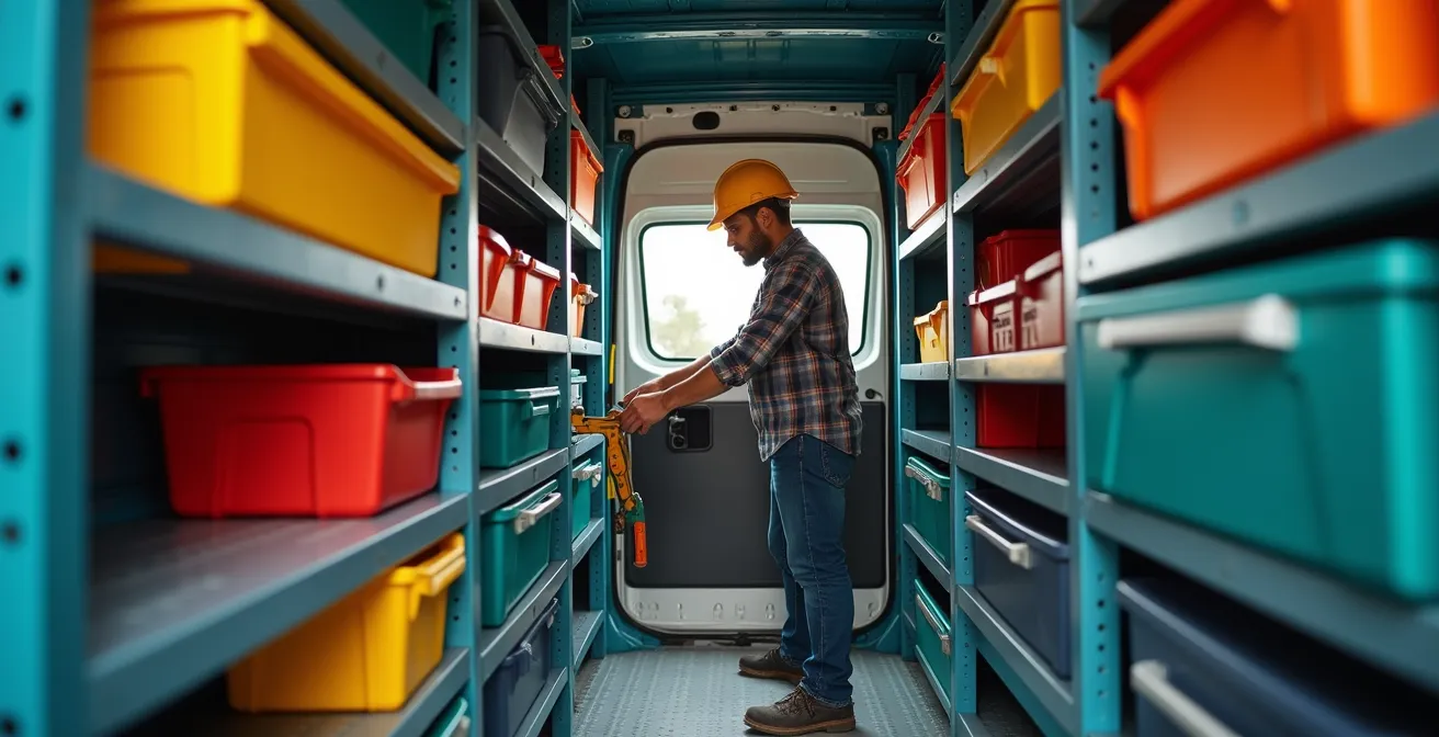 Vue arrière d'une camionnette de chantier avec système de rangement modulaire coloré et outils organisés