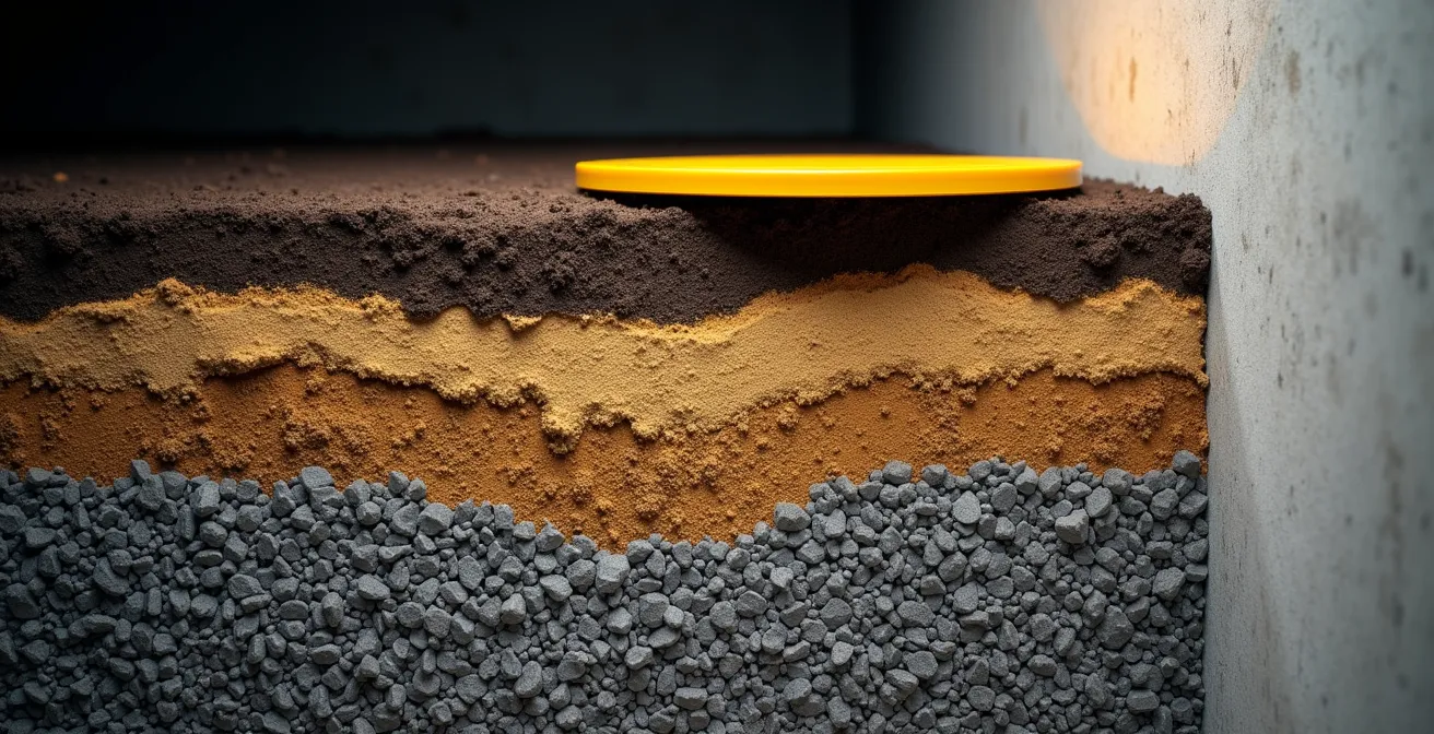 Vue en coupe montrant le remblayage par couches successives avec plaque vibrante autour d'une fondation