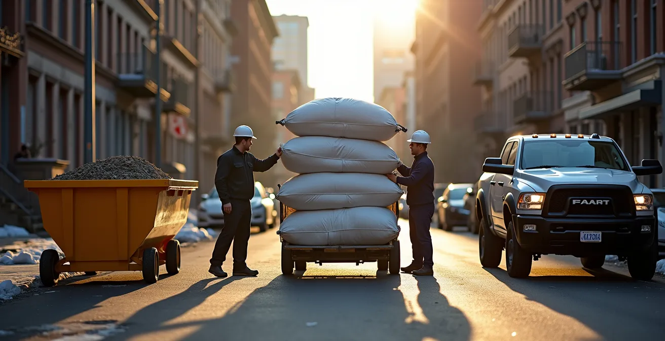Trois types de conteneurs à déchets alignés dans une ruelle montréalaise montrant les différentes options de gestion