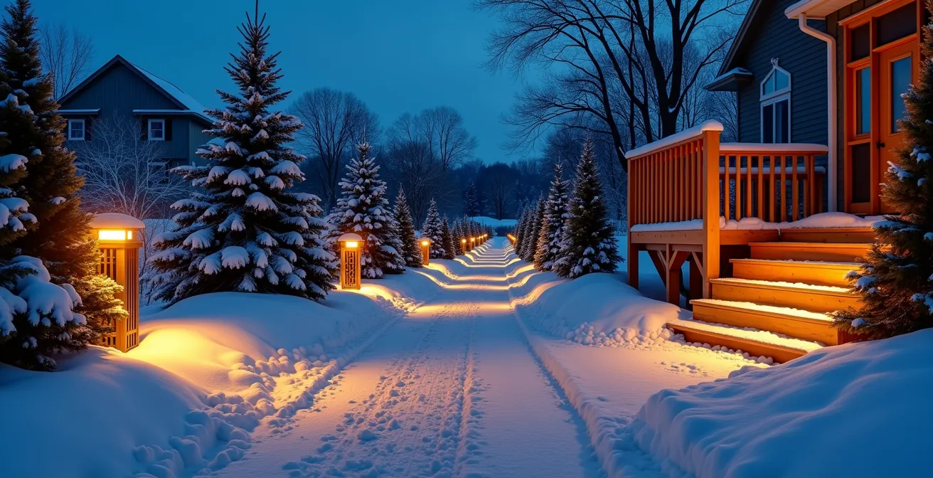 Différents types de luminaires extérieurs installés dans un jardin enneigé québécois montrant bornes, spots et appliques