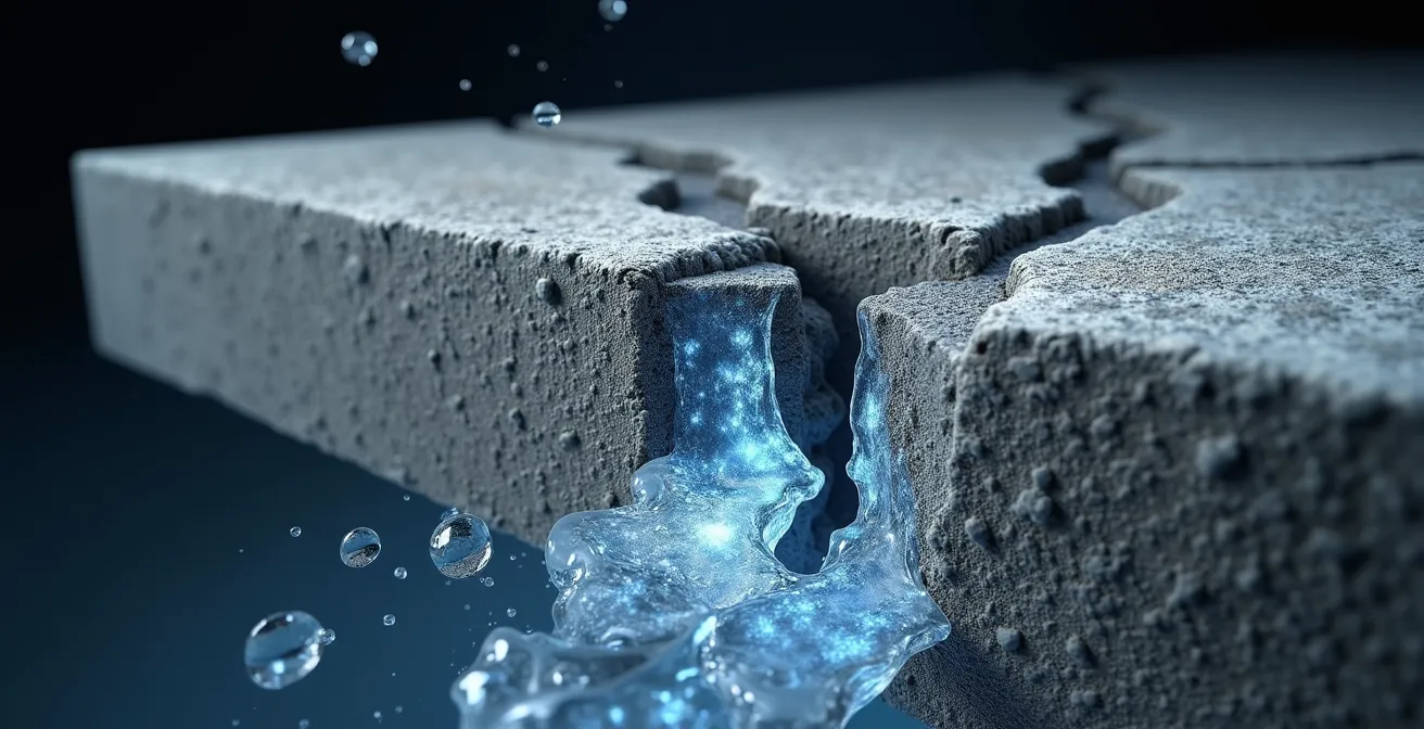 Coupe transversale d'une structure de béton montrant l'eau infiltrée dans les fissures avec cristaux de glace visibles