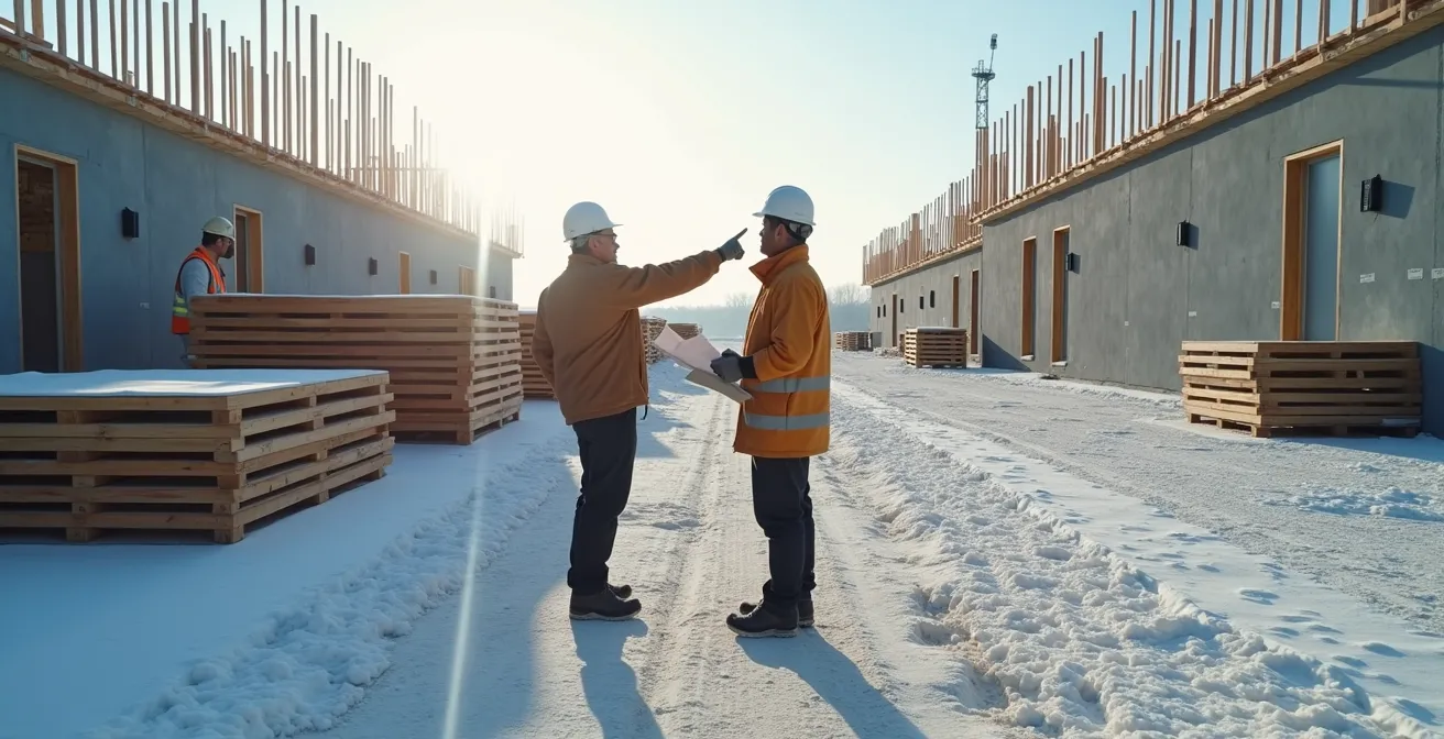Chef de chantier montrant une zone de travail spécifique à un compagnon avec plans et outils