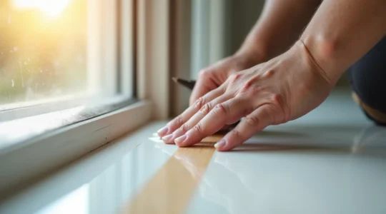 Artisan appliquant les dernières touches de finition avec précision sur un élément de construction résidentielle dans un intérieur lumineux