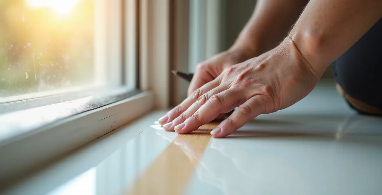 Artisan appliquant les dernières touches de finition avec précision sur un élément de construction résidentielle dans un intérieur lumineux