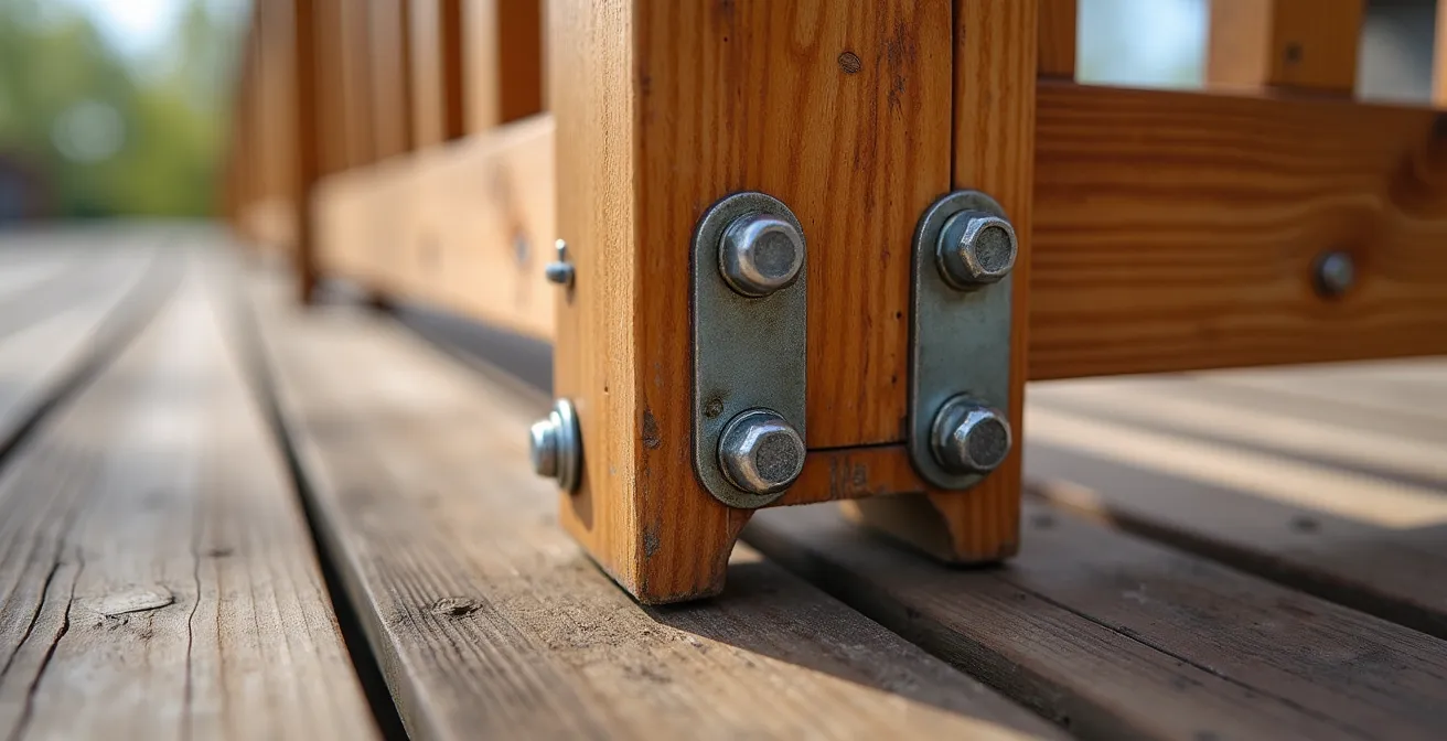 Gros plan sur la fixation sécuritaire d'un poteau de garde-corps