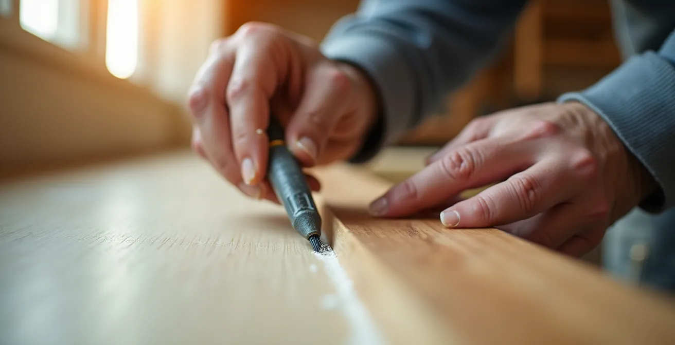 Gros plan d'une finition de joint impeccable et lissée entre deux surfaces, démontrant la précision du travail artisanal