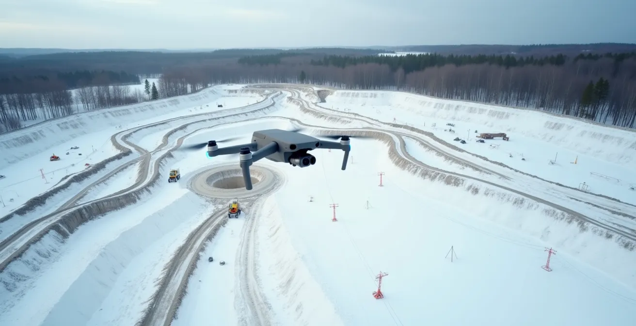 Drone professionnel survolant un chantier de terrassement enneigé avec vue des volumes de terre excavés