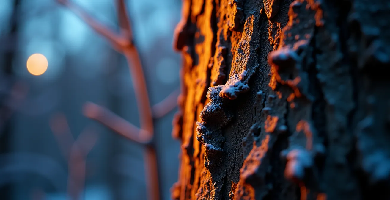 Érable mature illuminé par technique de clair de lune avec ombres douces sur sol enneigé