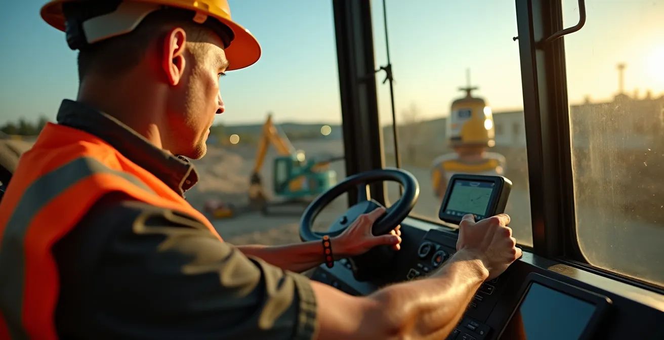 Pelle mécanique moderne équipée d'un système GPS creusant avec précision une excavation pour fondations