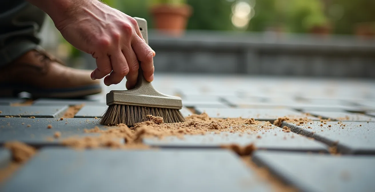 Application de sable polymère entre les pavés d'un patio québécois