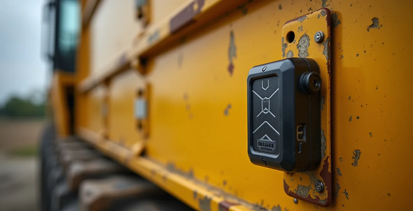 Vue macro d'un système de suivi GPS fixé sur un équipement de construction