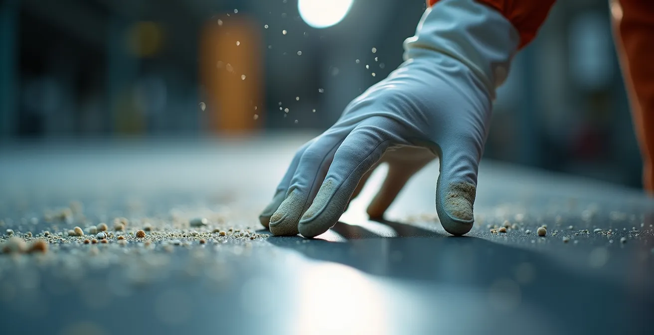 Gros plan extrême sur une main avec gant blanc inspectant une surface pour vérifier la propreté