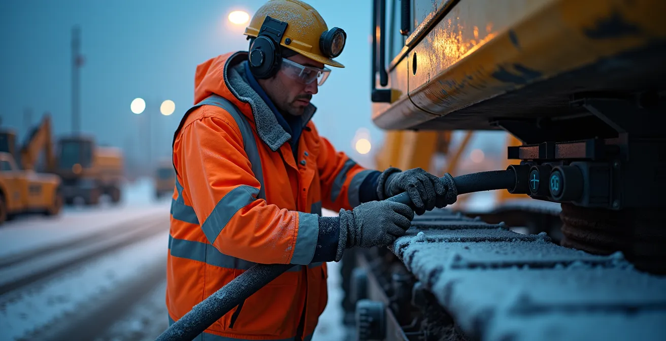 Opérateur effectuant l'inspection matinale d'une pelle par temps froid avec vapeur visible