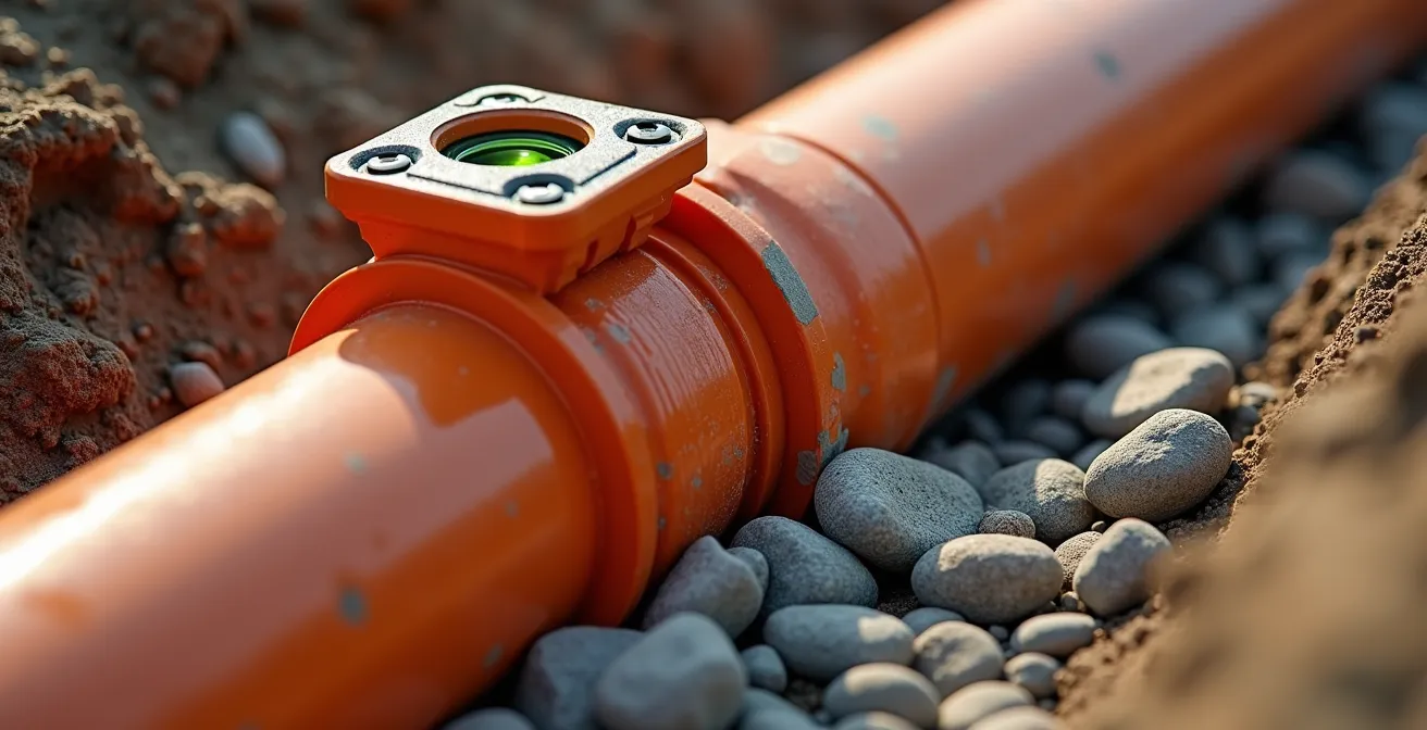 Tranchée ouverte montrant l'installation d'un tuyau d'égout avec niveau à bulle pour mesurer la pente