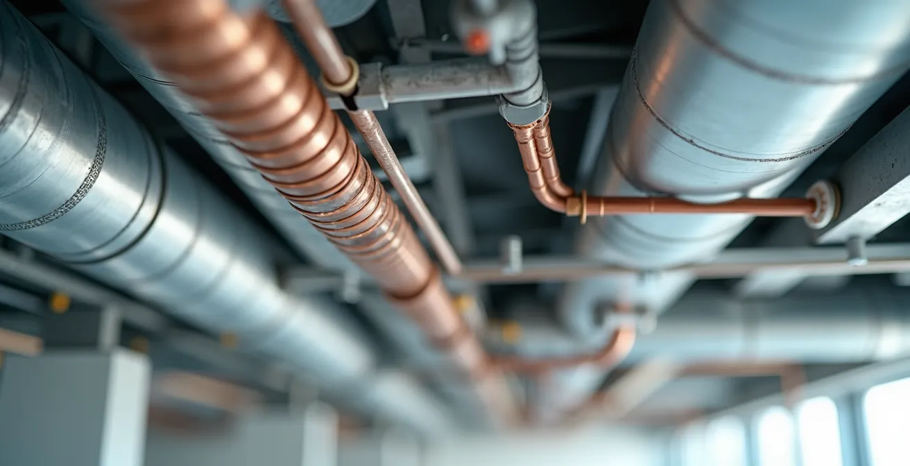 Vue en coupe d'un faux-plafond montrant l'espace plenum avec les différents réseaux techniques