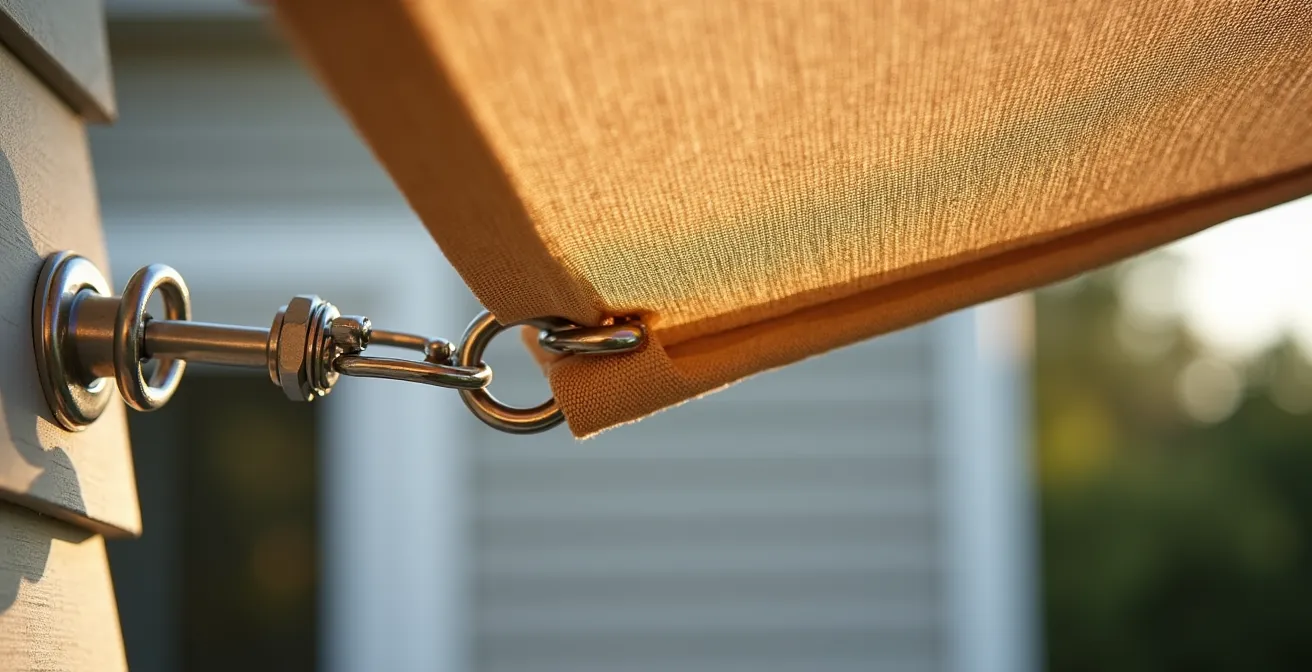 Installation technique d'une voile d'ombrage avec angle d'inclinaison optimal pour évacuation d'eau