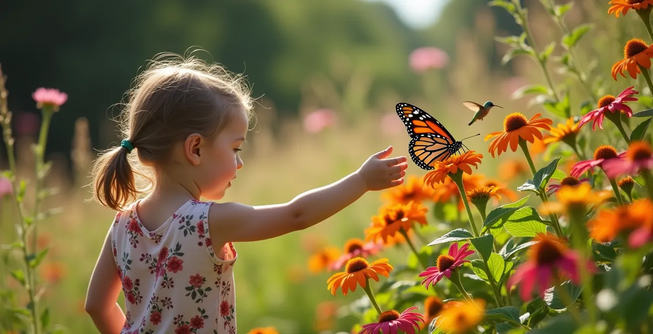 Jardin de biodiversité québécois avec papillons monarques sur des asclépiades et un colibri près de monardes