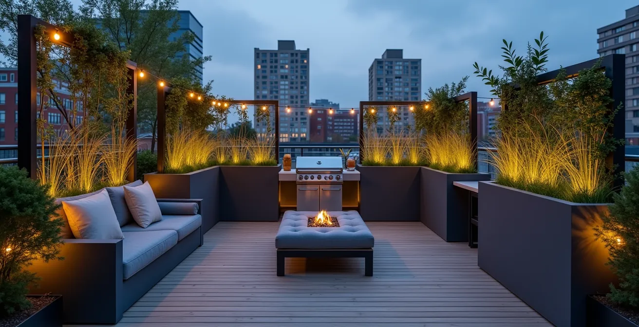 Jardinières hautes créant des zones distinctes sur une terrasse avec graminées et plantes grimpantes