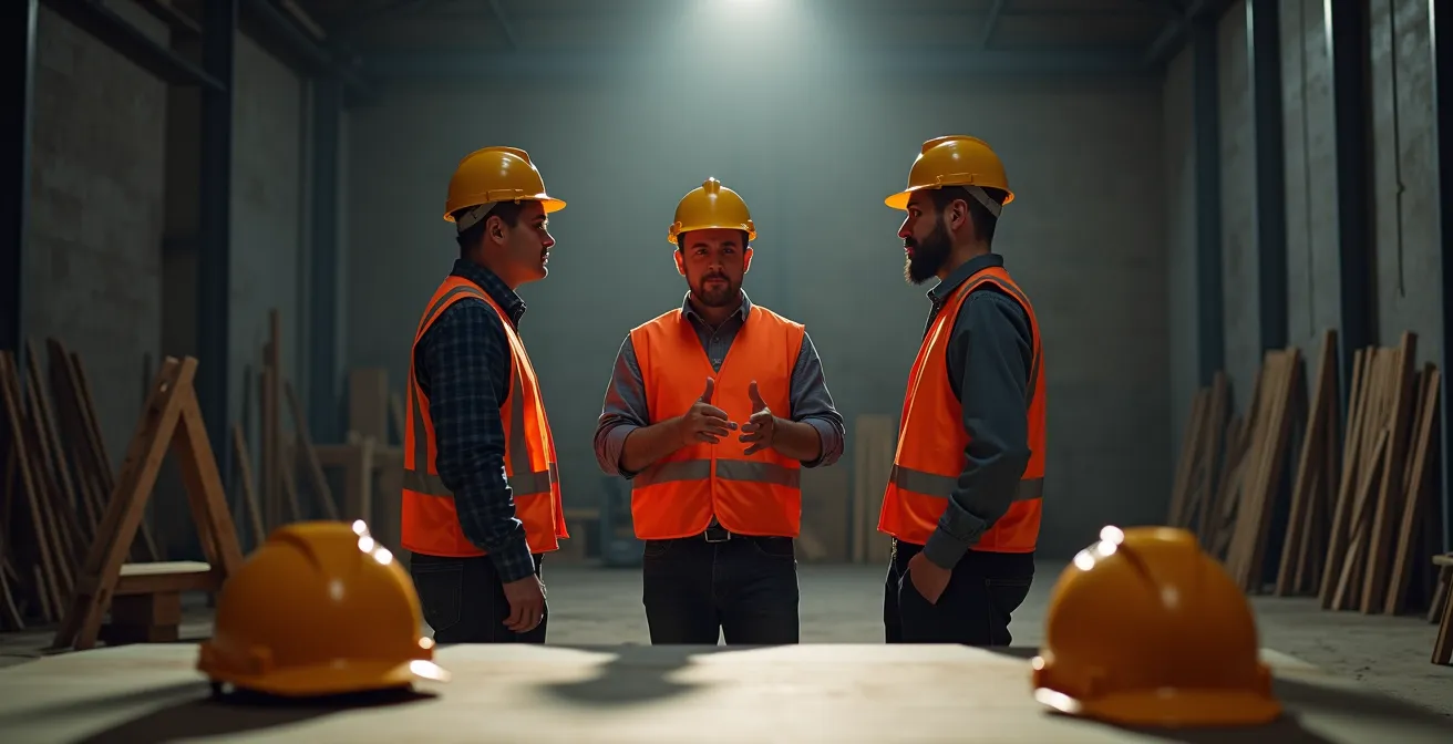 Médiation entre deux travailleurs de la construction avec un chef de chantier facilitant la discussion