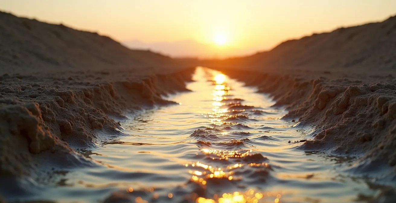 Vue grand angle d'un terrain en construction montrant le système de drainage et les lignes de pente