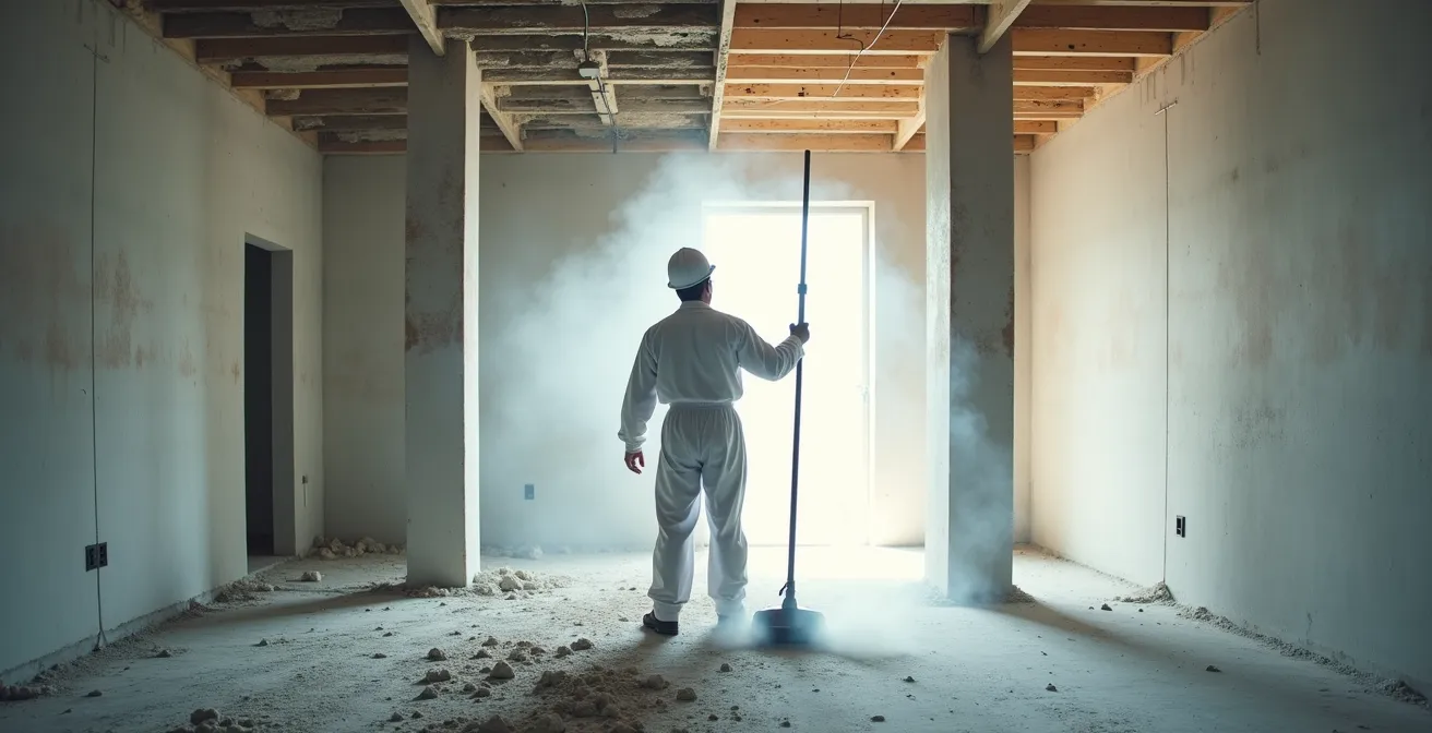 Vue en plongée montrant la progression méthodique du nettoyage d'un chantier du plafond vers le sol