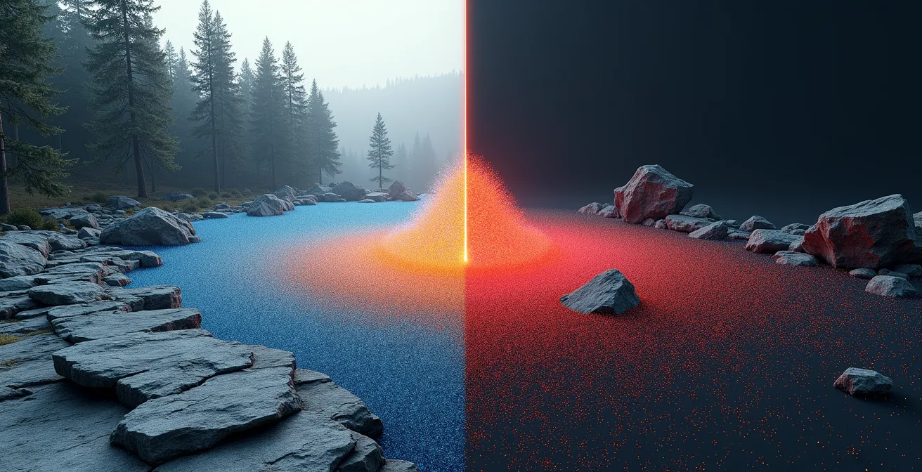 Visualisation d'un nuage de points 3D coloré montrant le relief d'un terrain avec affleurements rocheux typiques du Québec