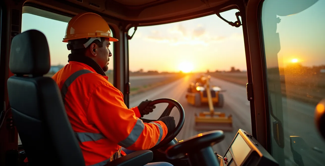 Vue depuis l'arrière d'un opérateur dans la cabine moderne d'une niveleuse, système de guidage visible en arrière-plan flou