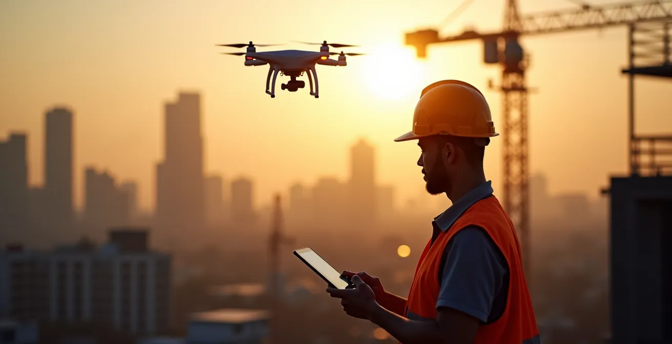 Jeune professionnel utilisant une tablette pour piloter un drone d'inspection sur un chantier de construction moderne