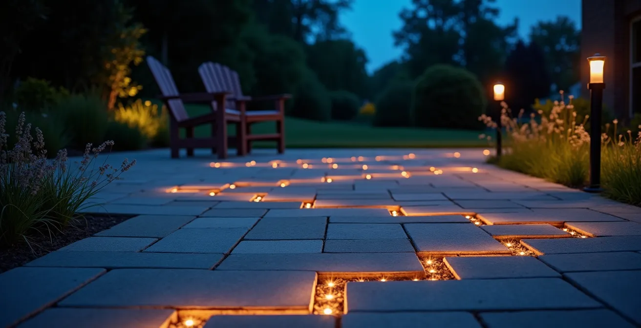 Patio au crépuscule avec éclairage LED intégré et système de drainage caché