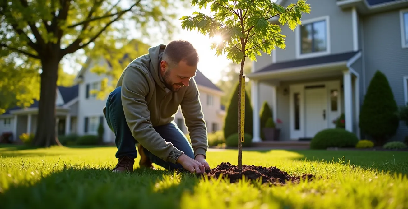 Positionnement stratégique d'un arbre feuillu près d'une maison québécoise pour ombrage saisonnier