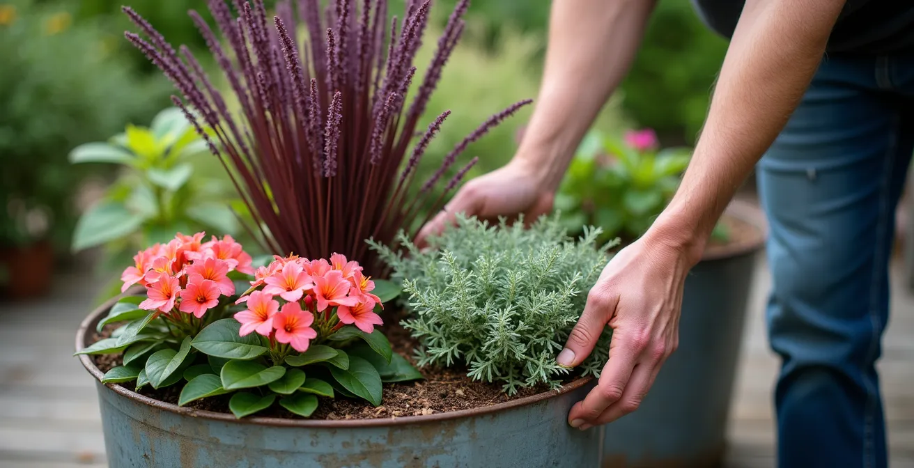 Arrangement en trois niveaux avec plante spectaculaire centrale, remplissage coloré et retombantes