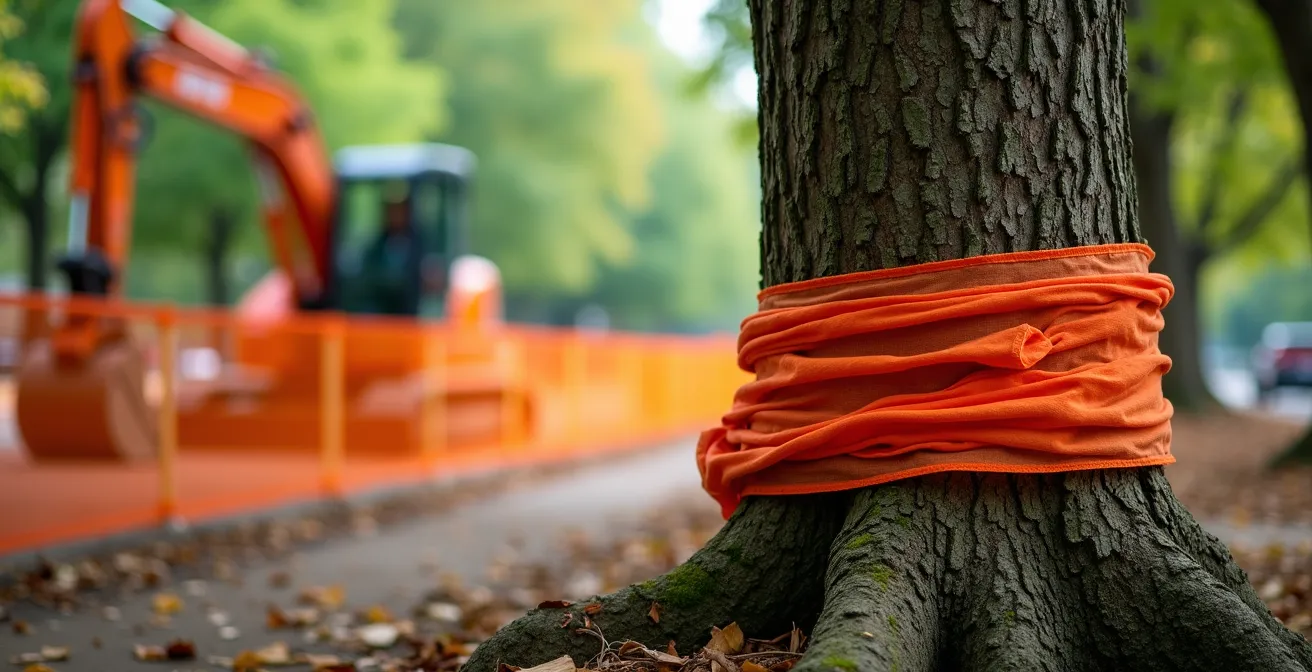 Arbre mature protégé par des clôtures temporaires orange sur un chantier de construction résidentielle