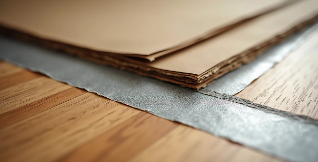 Différentes couches de protection de sol empilées et appliquées avec chevauchement professionnel sur plancher de bois