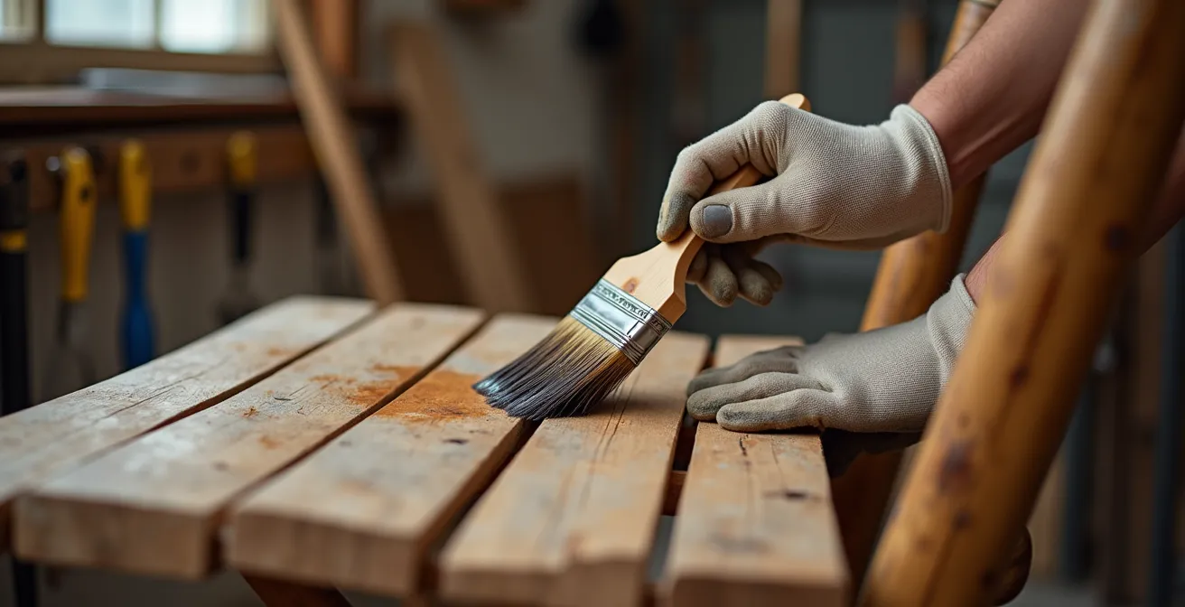 Processus de restauration d'une chaise de jardin en bois avec outils et produits