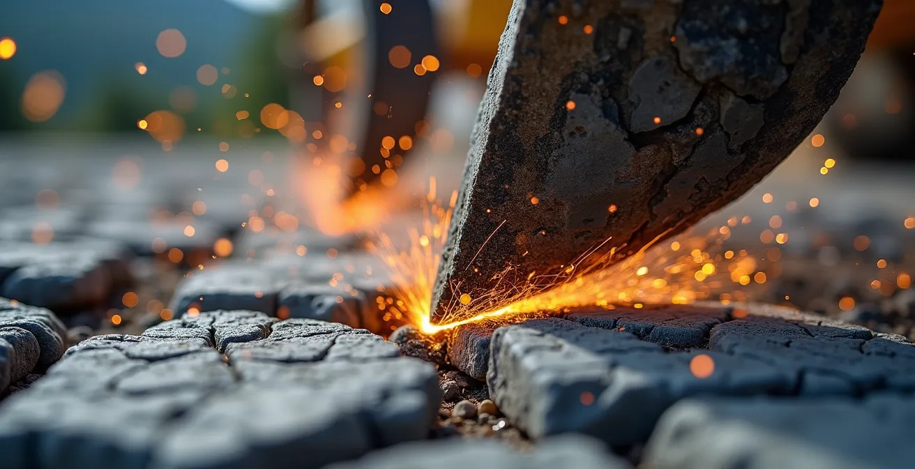 Gros plan sur les dents de ripper d'un bulldozer fracturant la roche granitique du Bouclier canadien